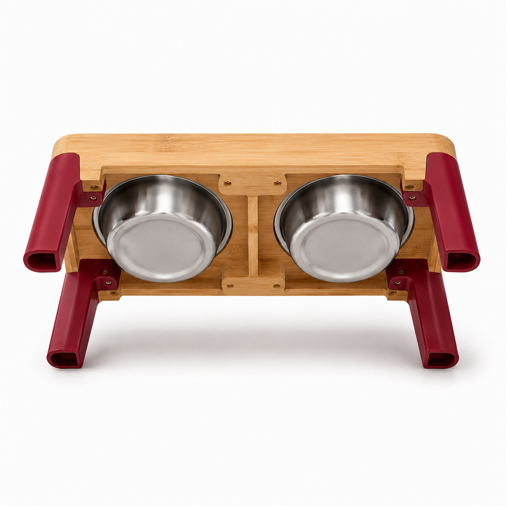 Elevated Double Pet Bowls with Bamboo Stand, Stainless Steel Bowls and Red Legs