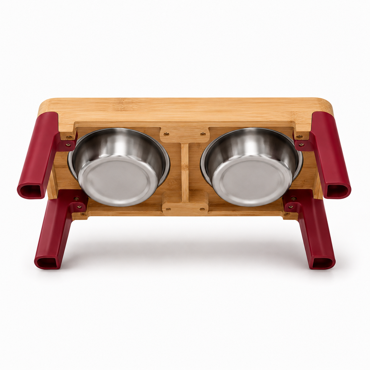 Elevated Double Pet Bowls with Bamboo Stand, Stainless Steel Bowls and Red Legs