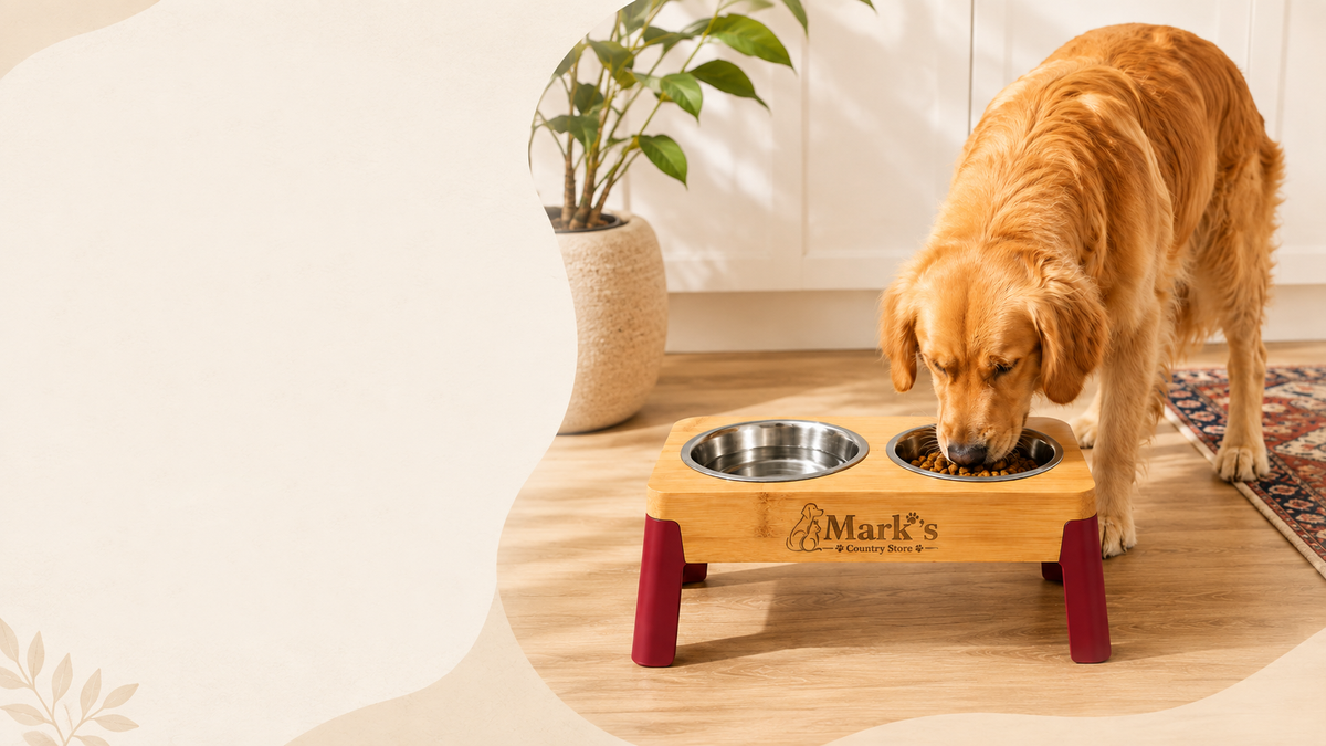 Dog using Marks Country Store elevated pet feeding station