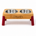 Elevated Double Pet Bowls with Bamboo Stand, Stainless Steel Bowls and Red Legs