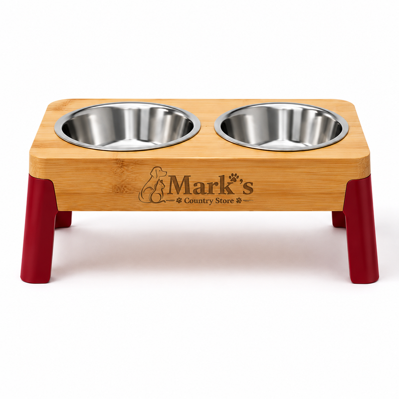 Elevated Double Pet Bowls with Bamboo Stand, Stainless Steel Bowls and Red Legs
