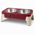 Elevated Double Pet Bowls with Stainless Steel Bowls and Red Cream Stand