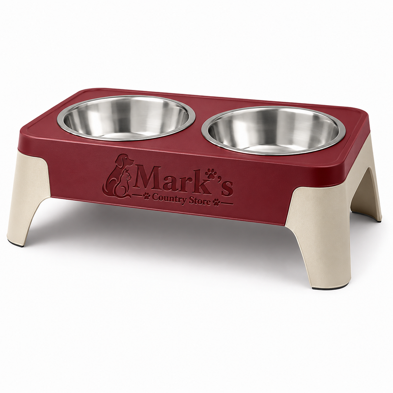 Elevated Double Pet Bowls with Stainless Steel Bowls and Red Cream Stand
