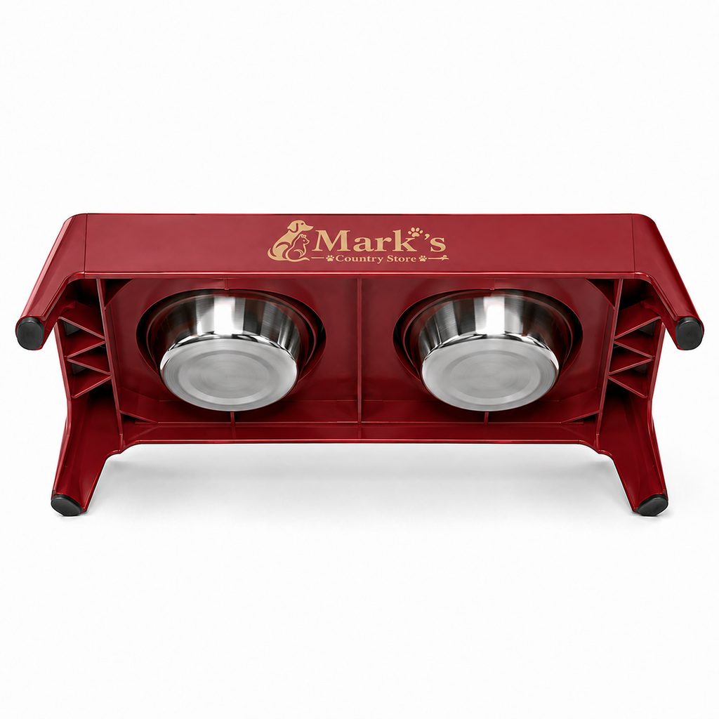 Elevated Double Pet Bowls with Stainless Steel Bowls and Deep Red Stand