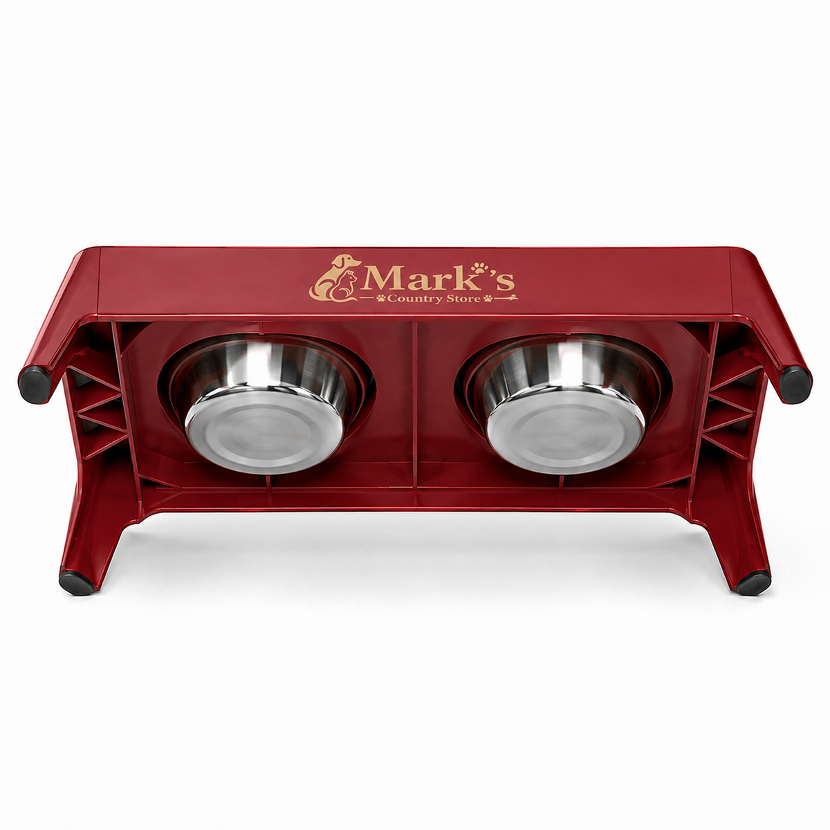 Elevated Double Pet Bowls with Stainless Steel Bowls and Deep Red Stand