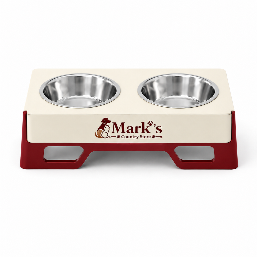 Elevated Double Pet Bowls with Stainless Steel Bowls and Cream Red Stand