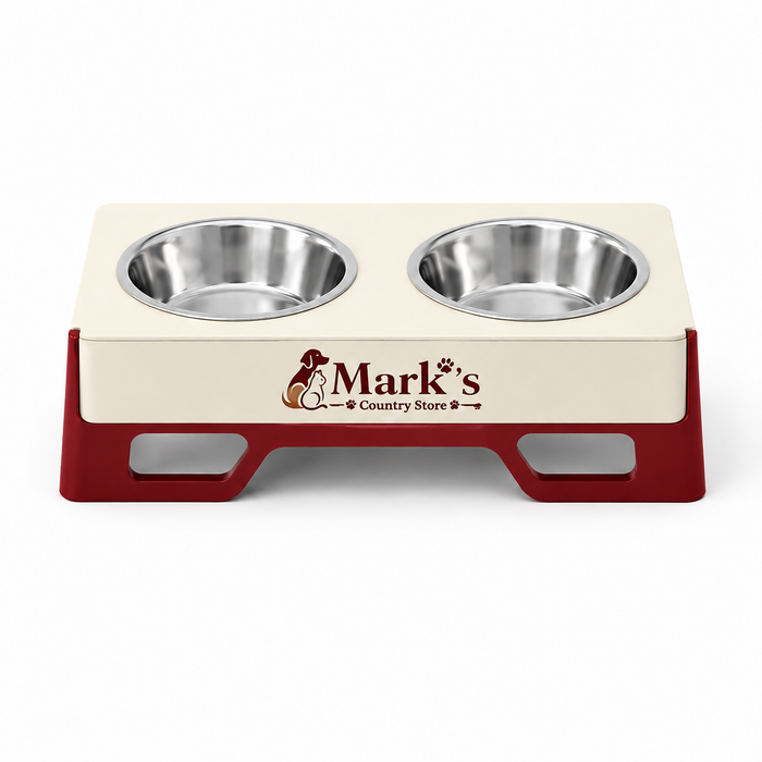 Elevated Double Pet Bowls with Stainless Steel Bowls and Cream Red Stand