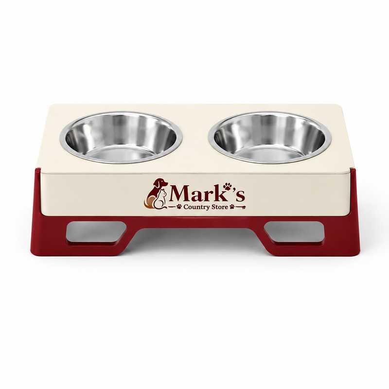 Elevated Double Pet Bowls with Stainless Steel Bowls and Cream Red Stand