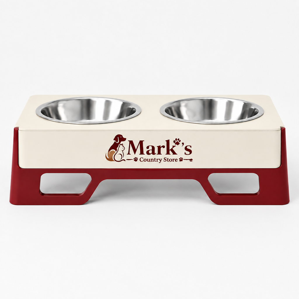 Elevated Double Pet Bowls with Stainless Steel Bowls and Cream Red Stand