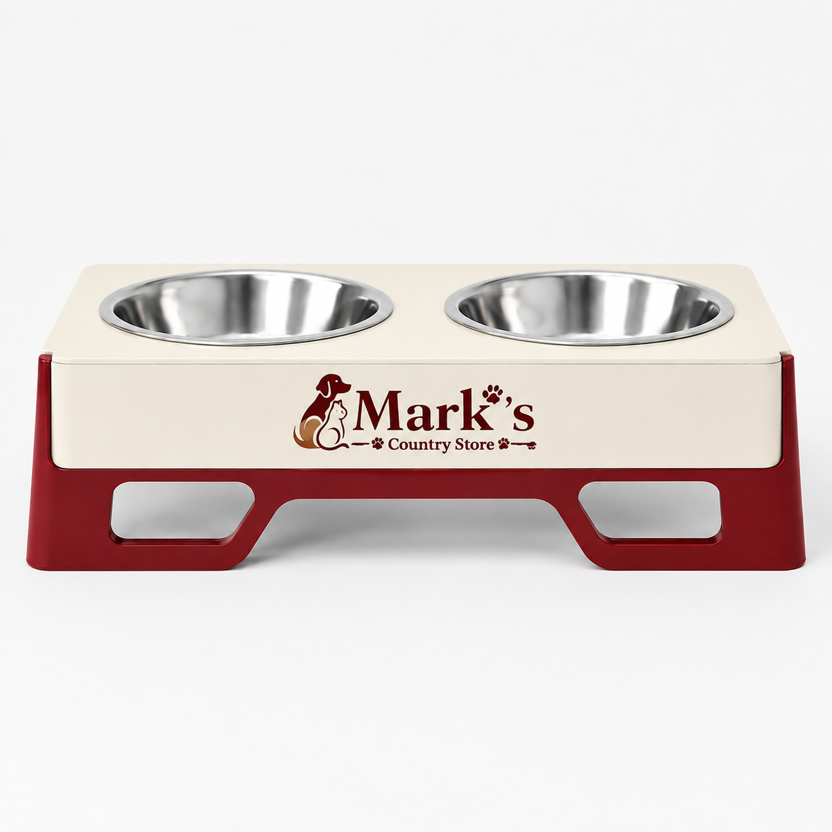 Elevated Double Pet Bowls with Stainless Steel Bowls and Cream Red Stand