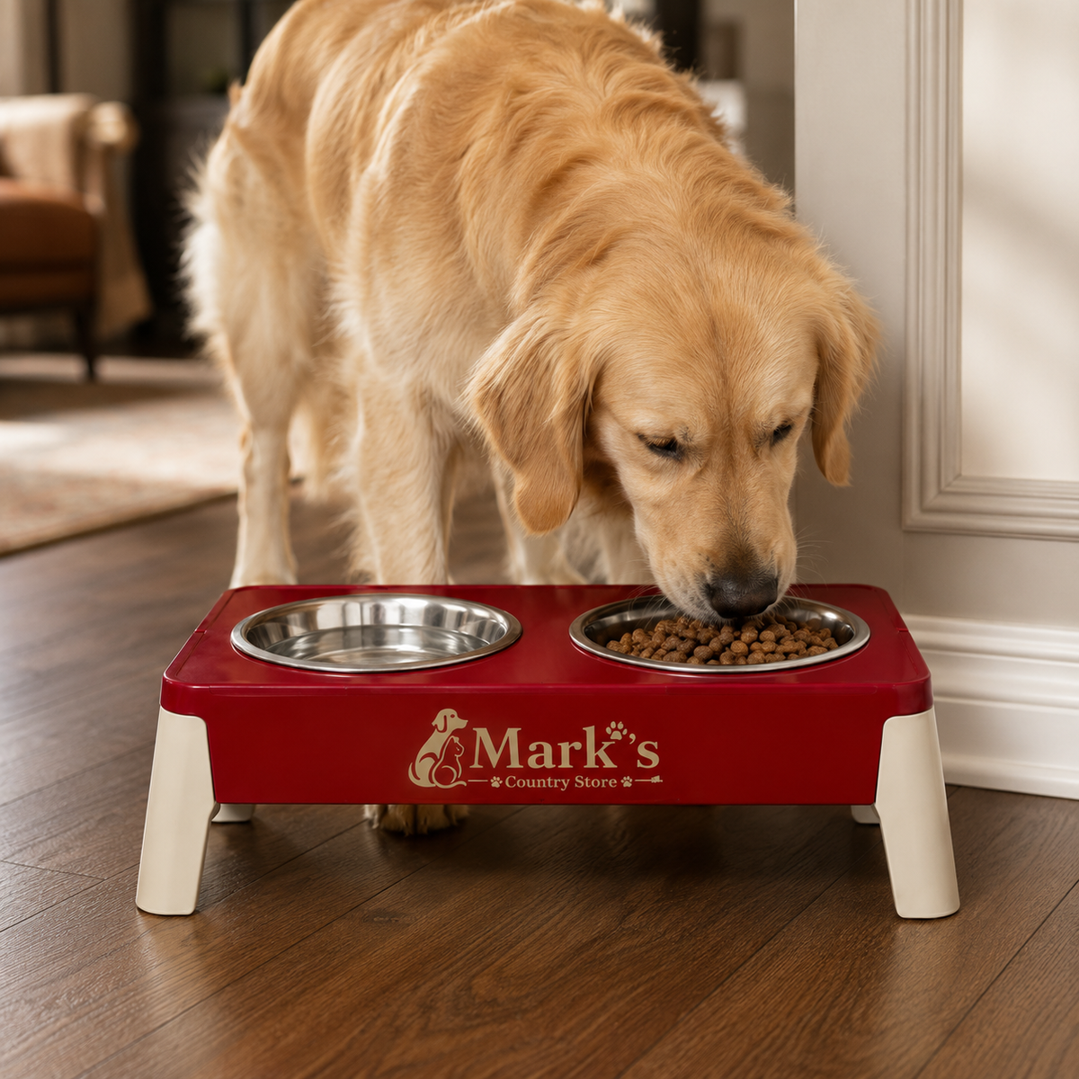 Elevated Double Pet Bowls with Stainless Steel Bowls and Red Cream Stand