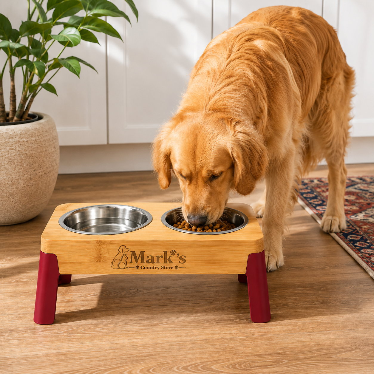 Elevated Double Pet Bowls with Bamboo Stand, Stainless Steel Bowls and Red Legs