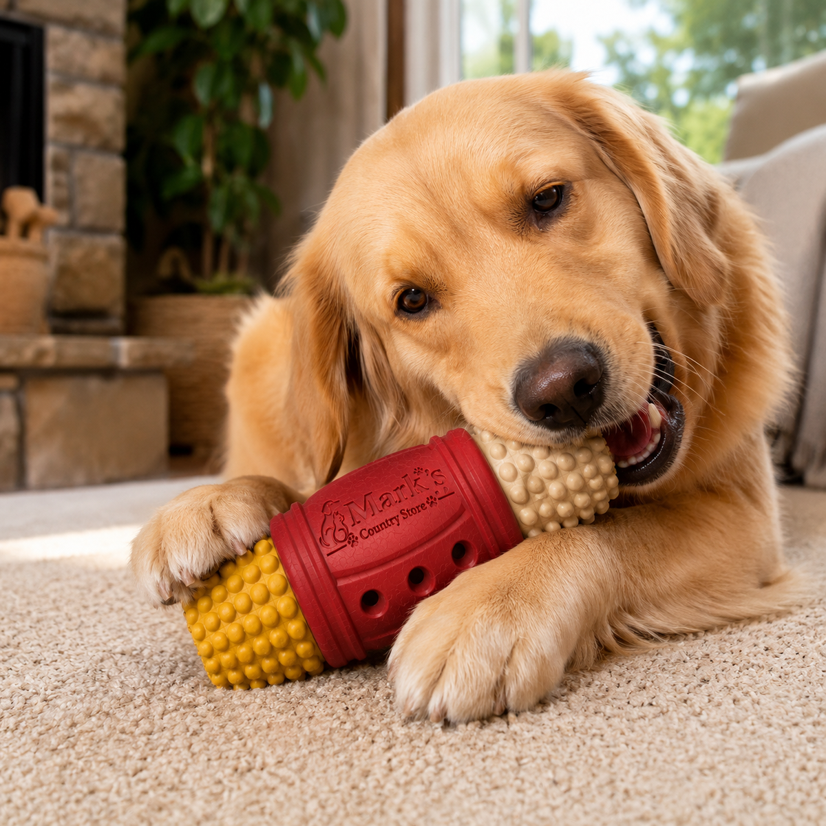 Textured Rubber Dog Toy with Three Openings and Dual Nubby Ends