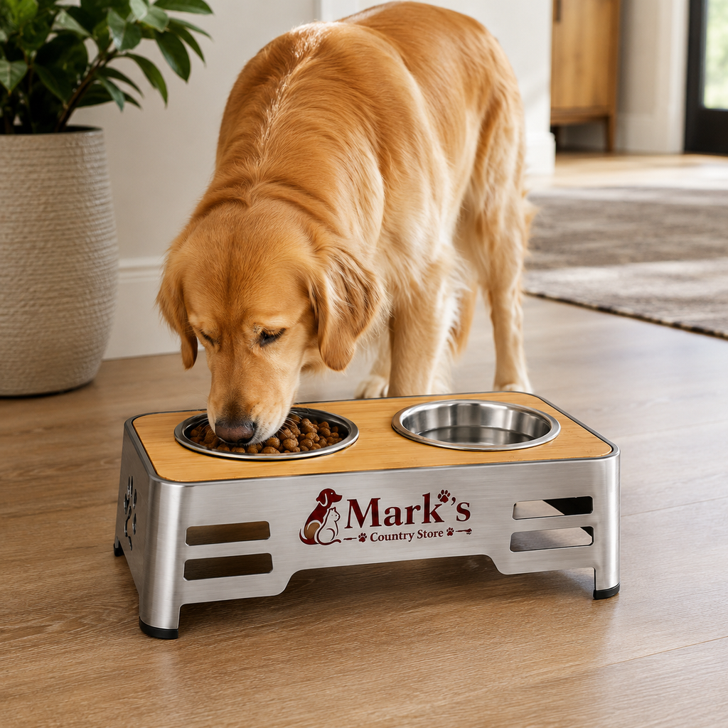 Elevated Double Pet Bowls with Stainless Steel Bowls and Bamboo Top Stand