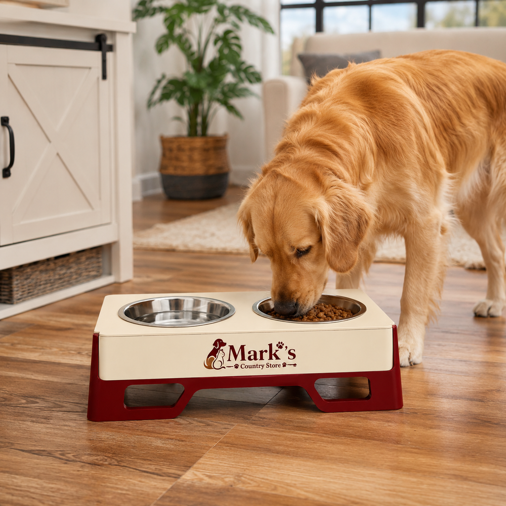 Elevated Double Pet Bowls with Stainless Steel Bowls and Cream Red Stand