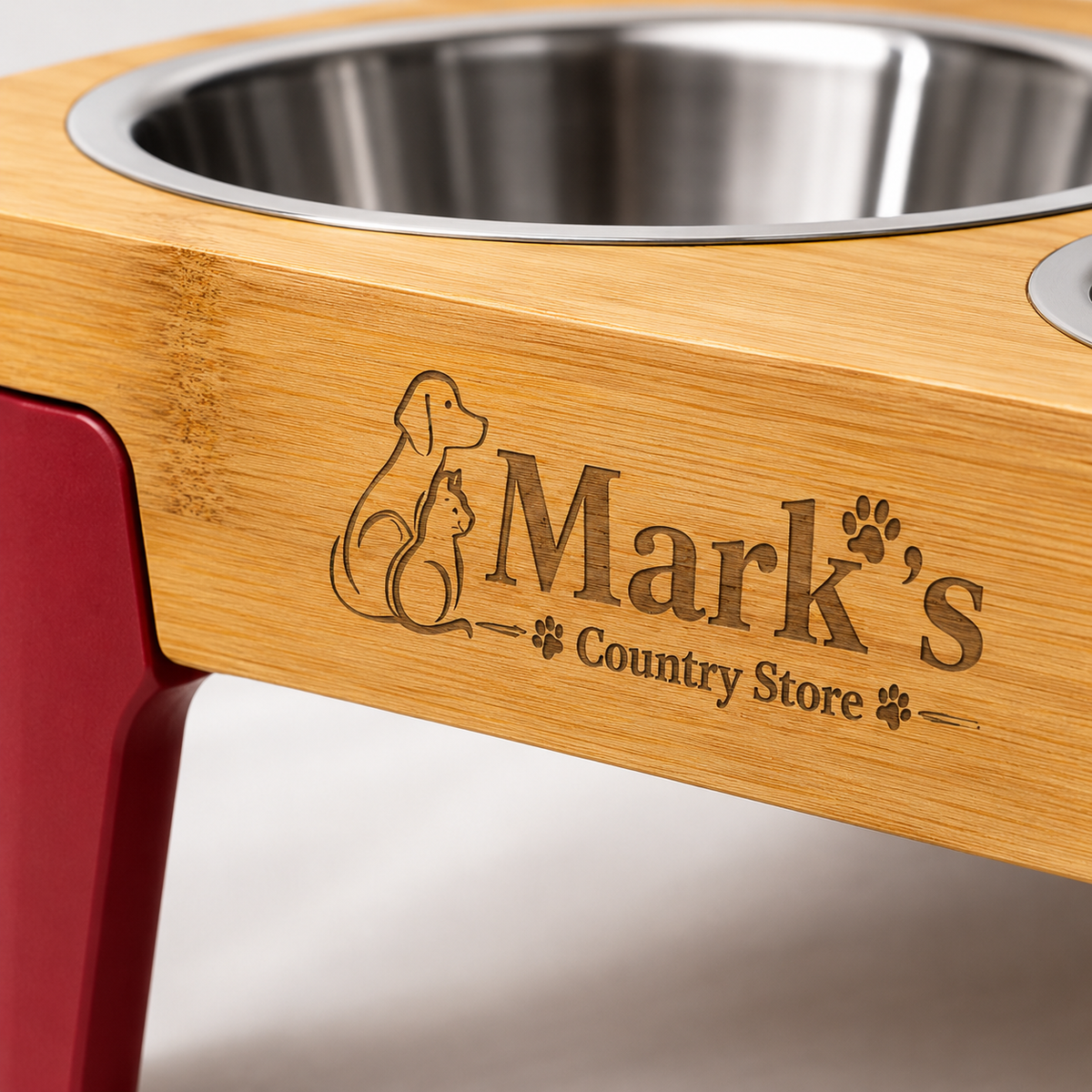Elevated Double Pet Bowls with Bamboo Stand, Stainless Steel Bowls and Red Legs