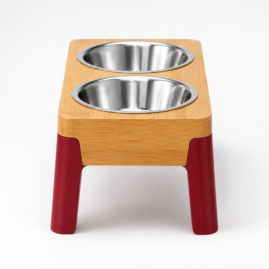 Elevated Double Pet Bowls with Bamboo Stand, Stainless Steel Bowls and Red Legs