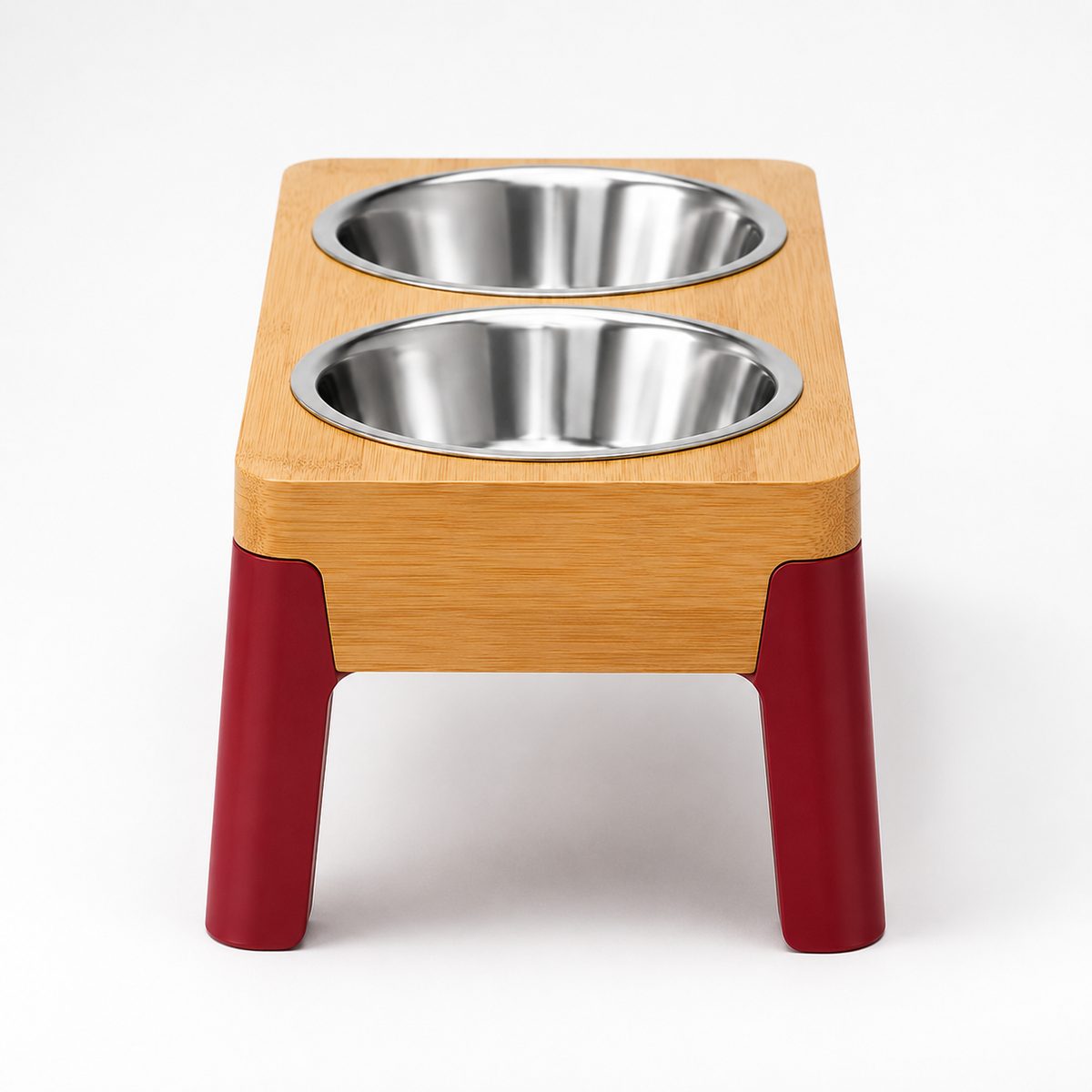 Elevated Double Pet Bowls with Bamboo Stand, Stainless Steel Bowls and Red Legs