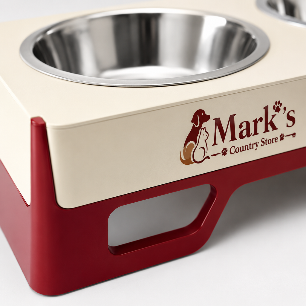 Elevated Double Pet Bowls with Stainless Steel Bowls and Cream Red Stand