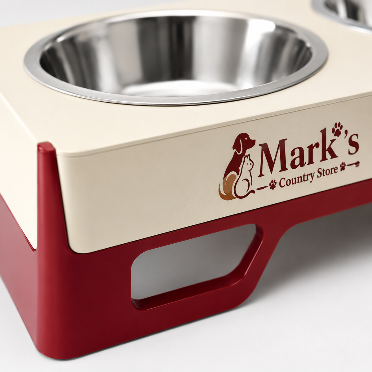 Elevated Double Pet Bowls with Stainless Steel Bowls and Cream Red Stand