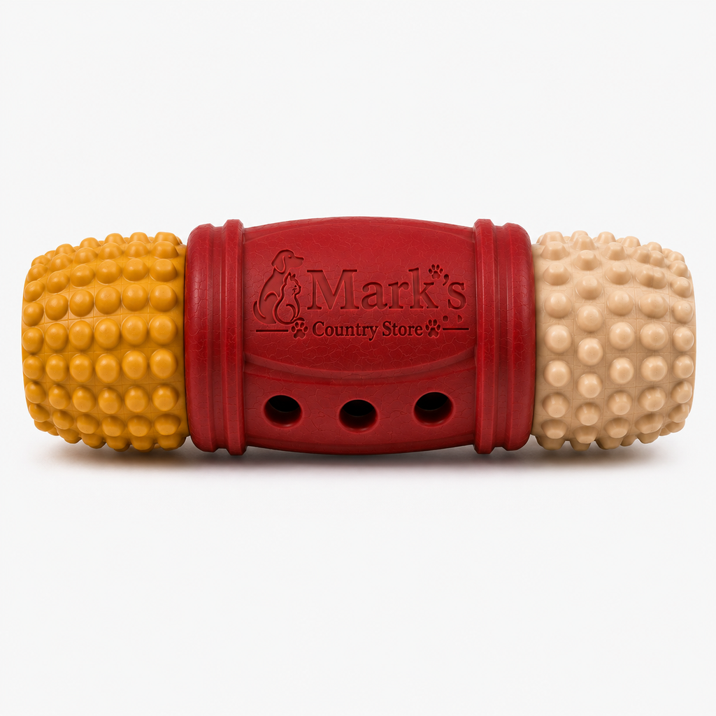 Textured Rubber Dog Toy with Three Openings and Dual Nubby Ends