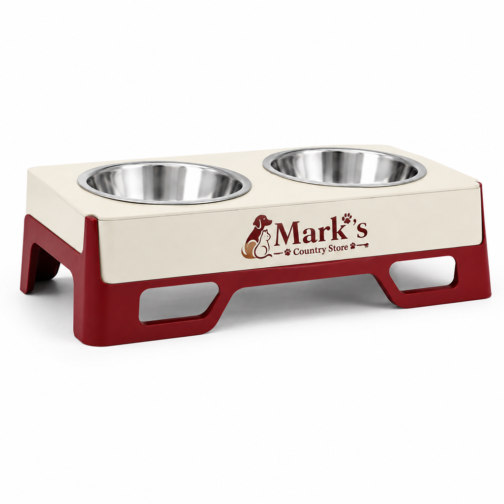 Elevated Double Pet Bowls with Stainless Steel Bowls and Cream Red Stand