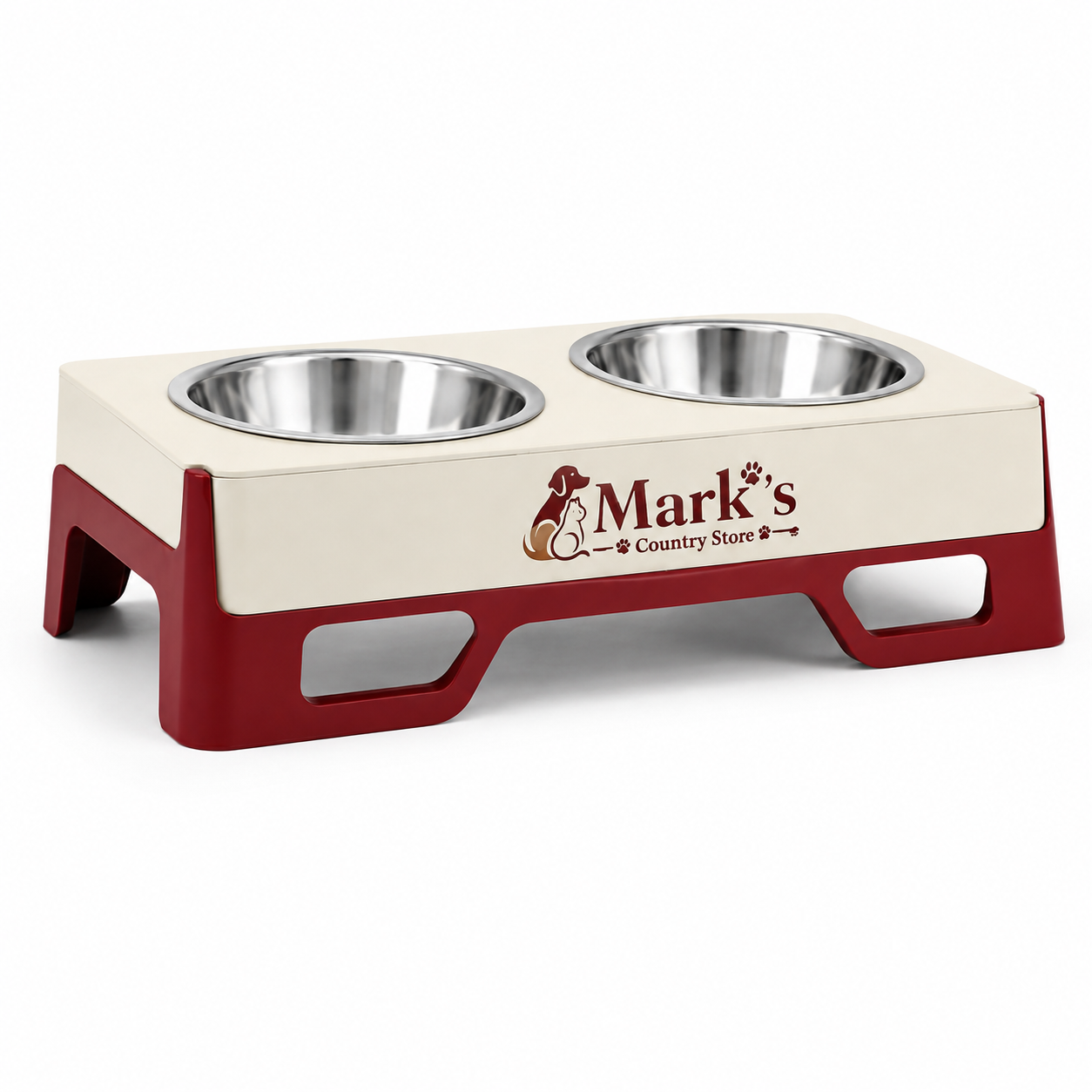 Elevated Double Pet Bowls with Stainless Steel Bowls and Cream Red Stand