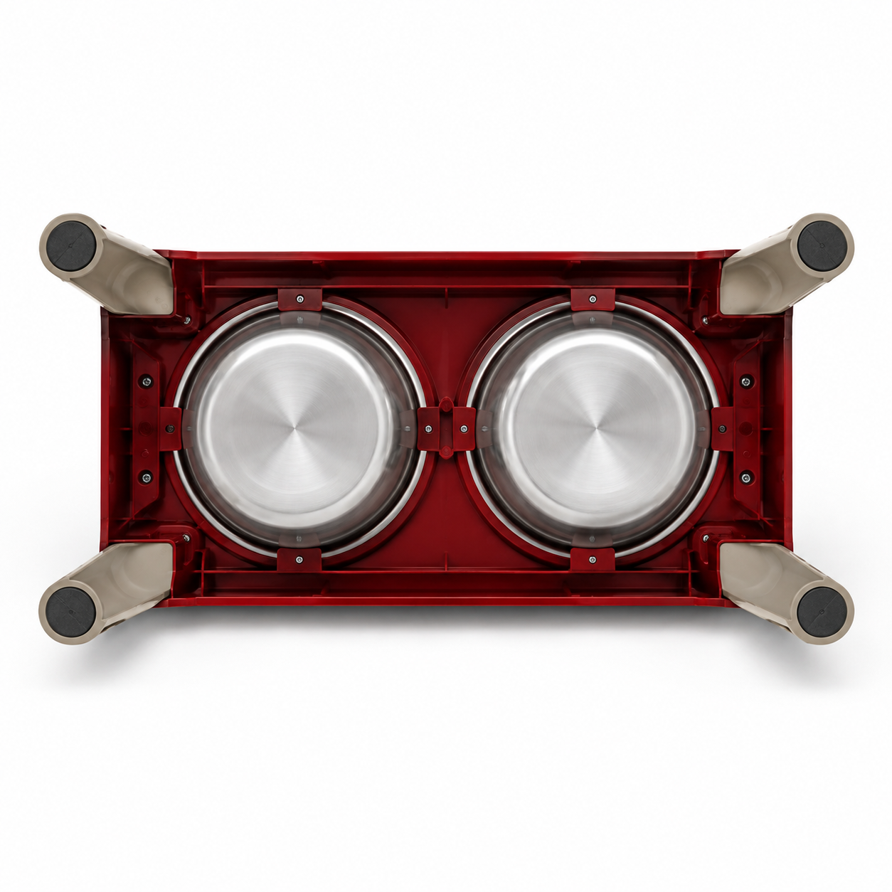 Elevated Double Pet Bowls with Stainless Steel Bowls and Red Cream Stand