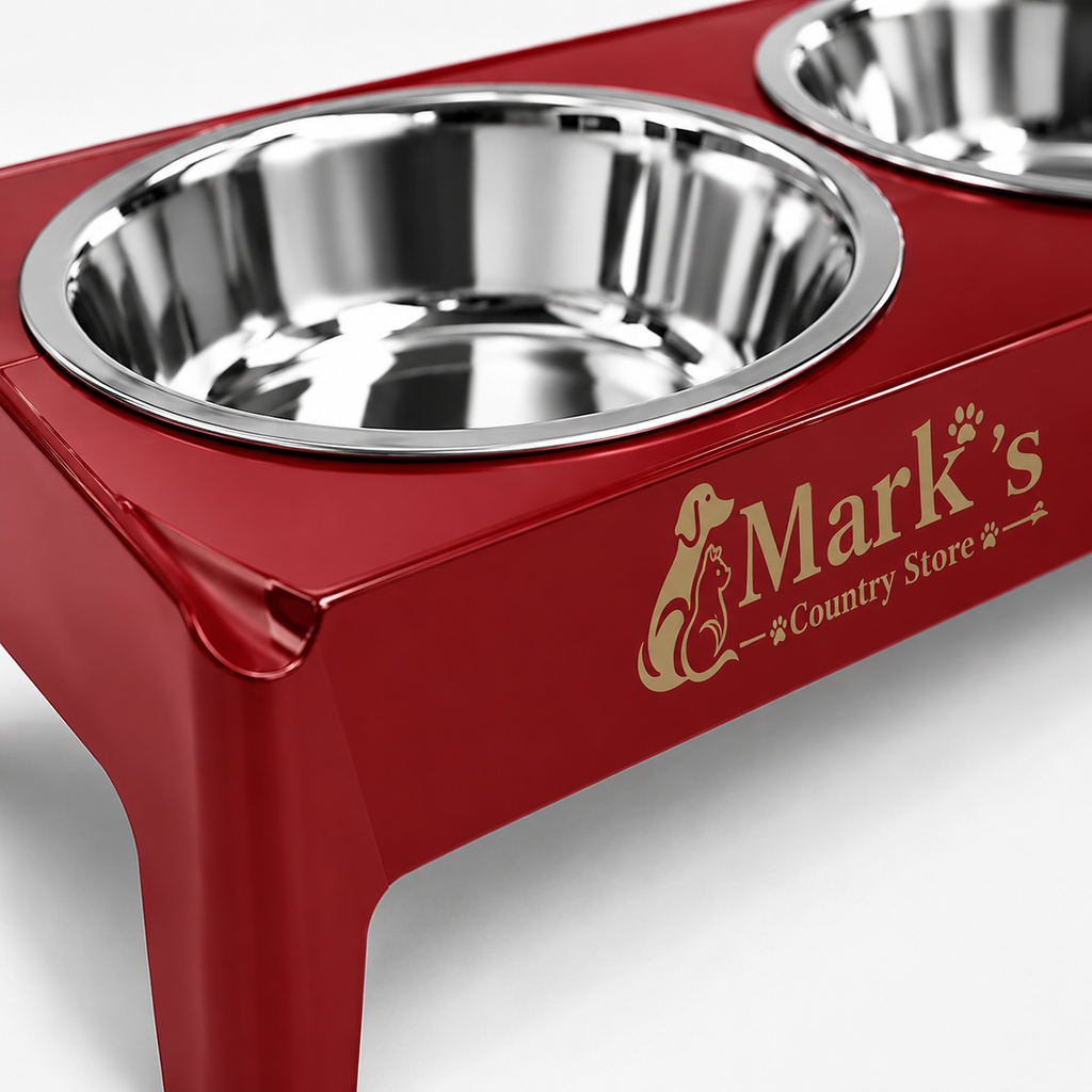 Elevated Double Pet Bowls with Stainless Steel Bowls and Deep Red Stand