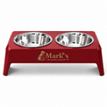 Elevated Double Pet Bowls with Stainless Steel Bowls and Deep Red Stand