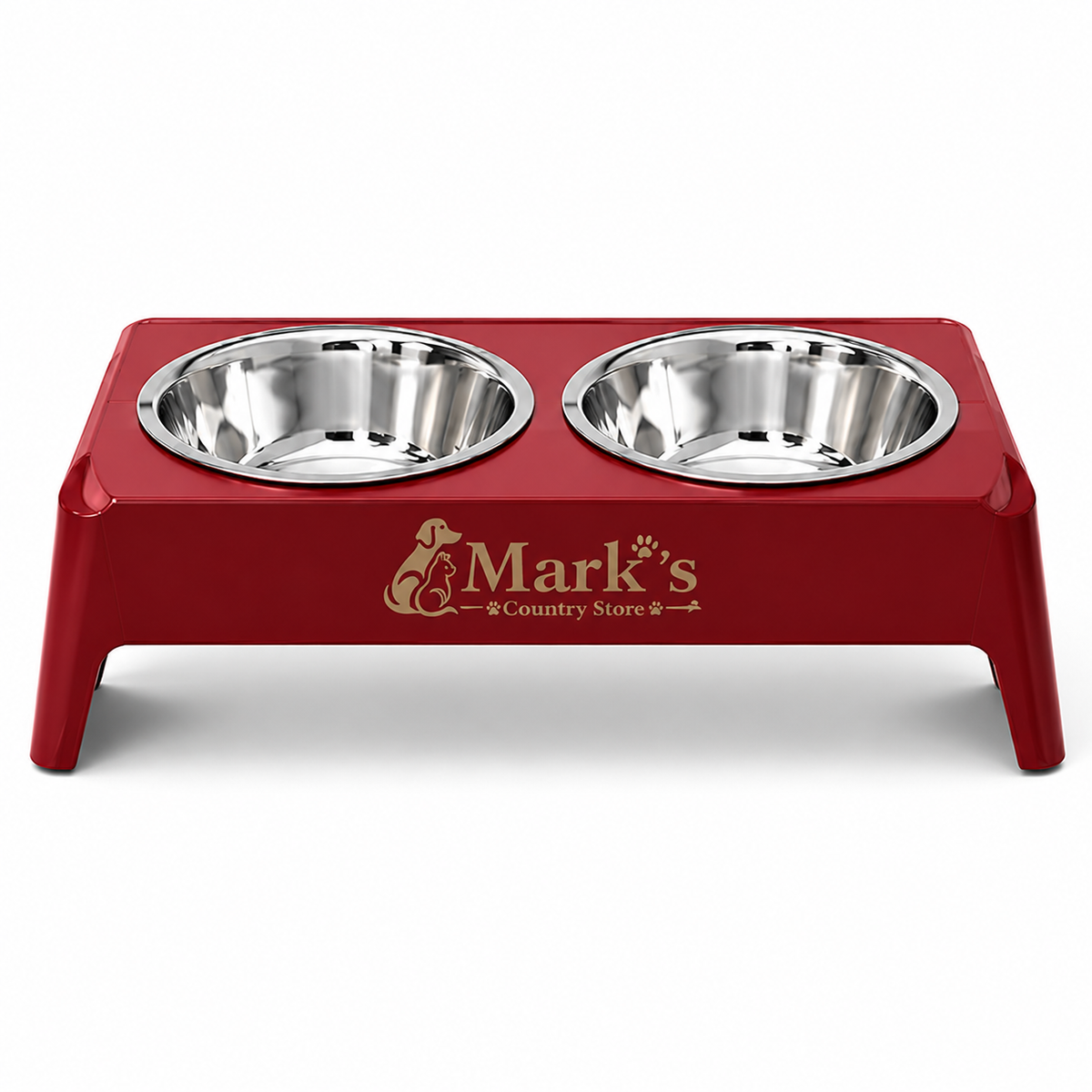 Elevated Double Pet Bowls with Stainless Steel Bowls and Deep Red Stand