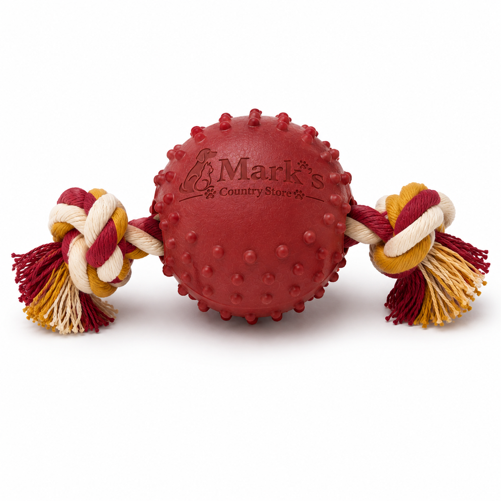 Textured Rubber Ball Dog Toy with Dual Knotted Rope Handles