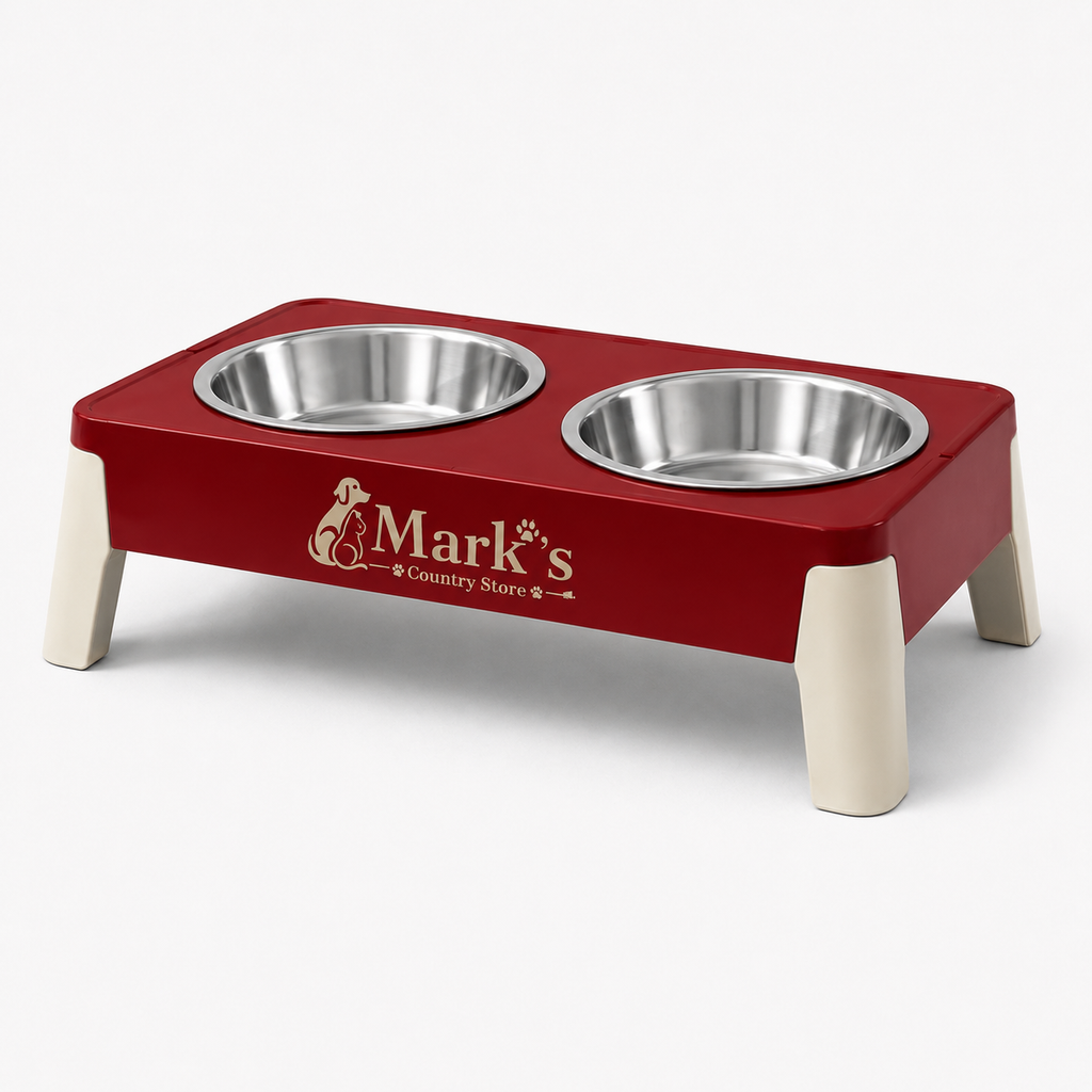 Elevated Double Pet Bowls with Stainless Steel Bowls and Red Cream Stand