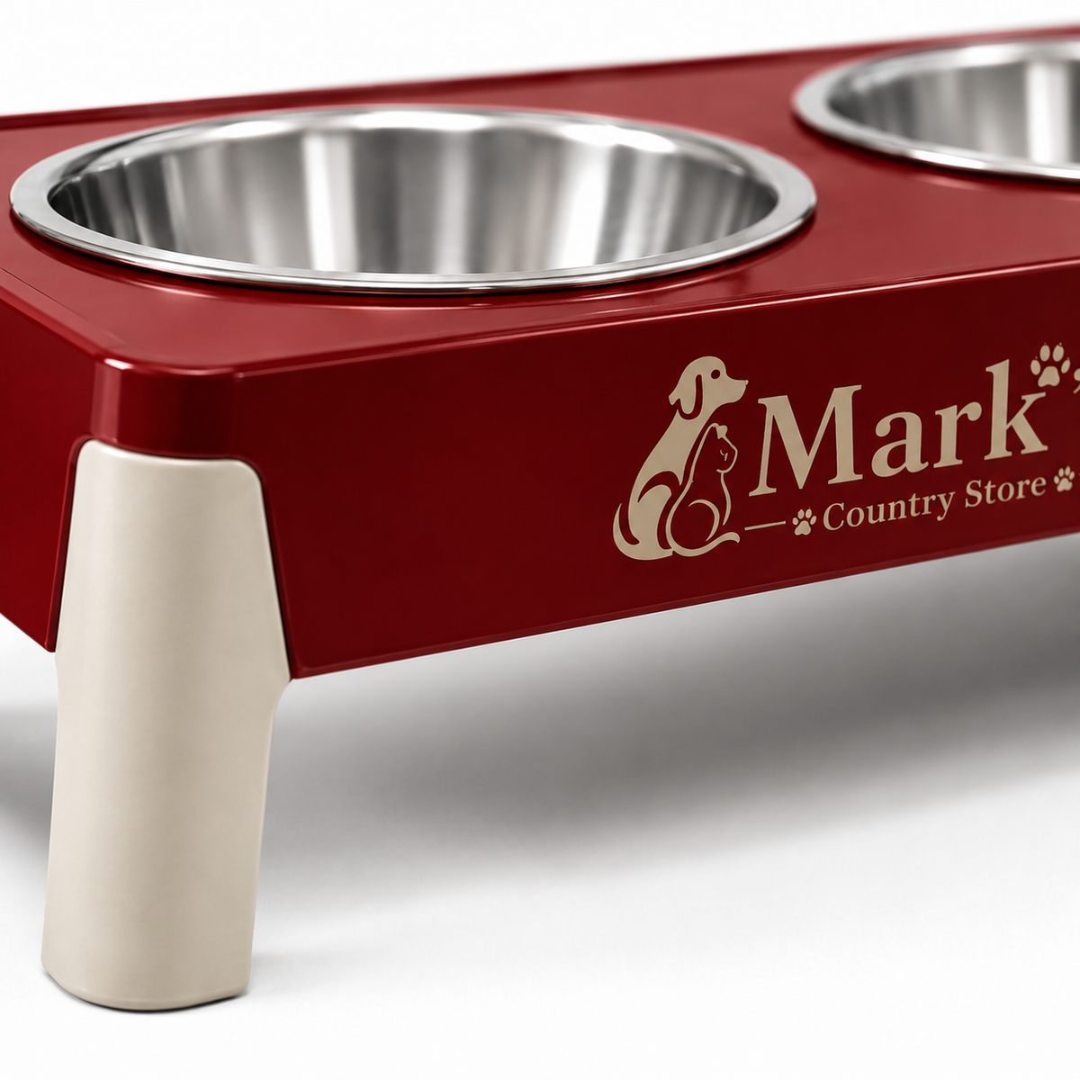 Elevated Double Pet Bowls with Stainless Steel Bowls and Red Cream Stand