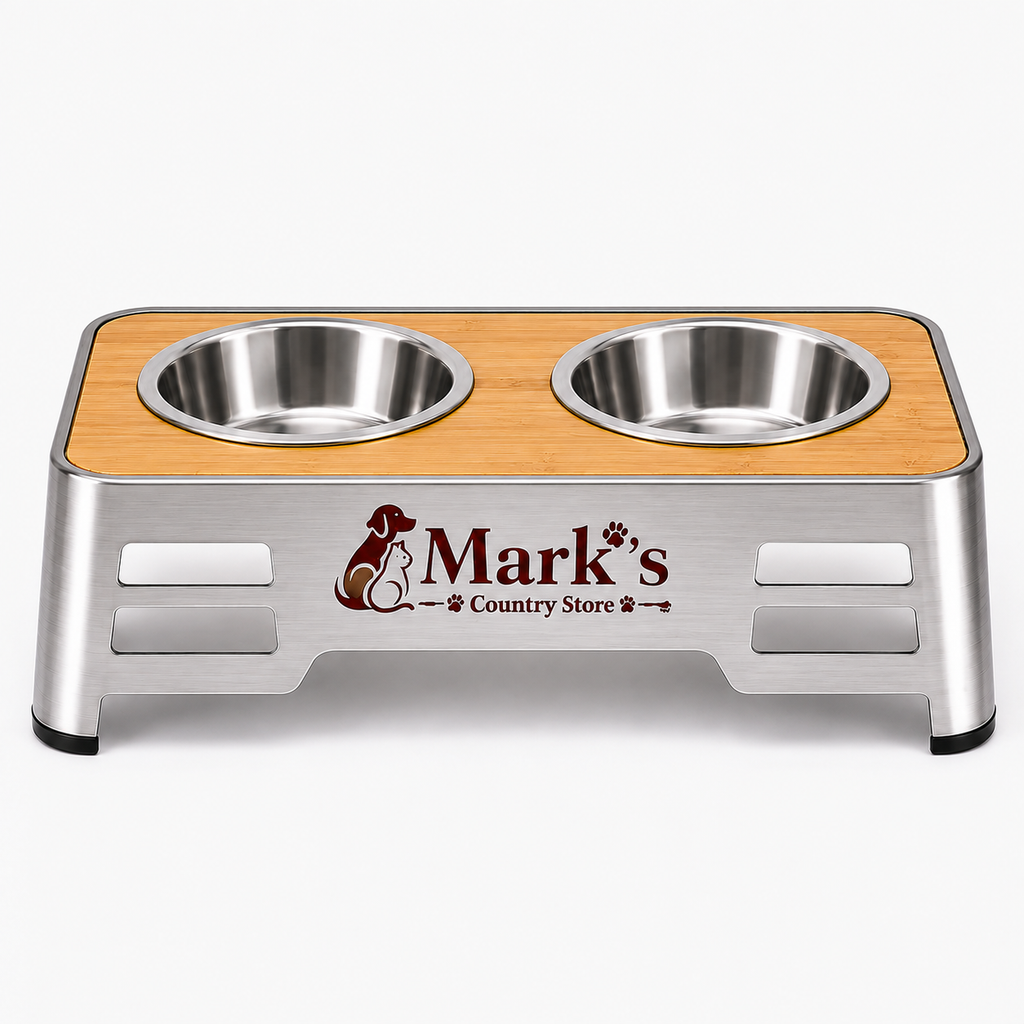 Elevated Double Pet Bowls with Stainless Steel Bowls and Bamboo Top Stand