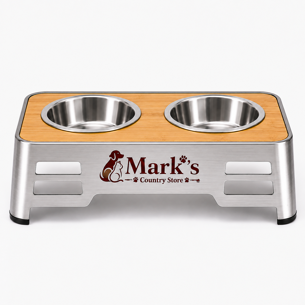 Elevated Double Pet Bowls with Stainless Steel Bowls and Bamboo Top Stand
