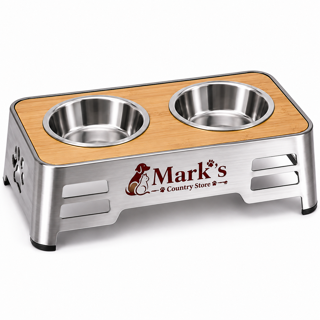 Elevated Double Pet Bowls with Stainless Steel Bowls and Bamboo Top Stand