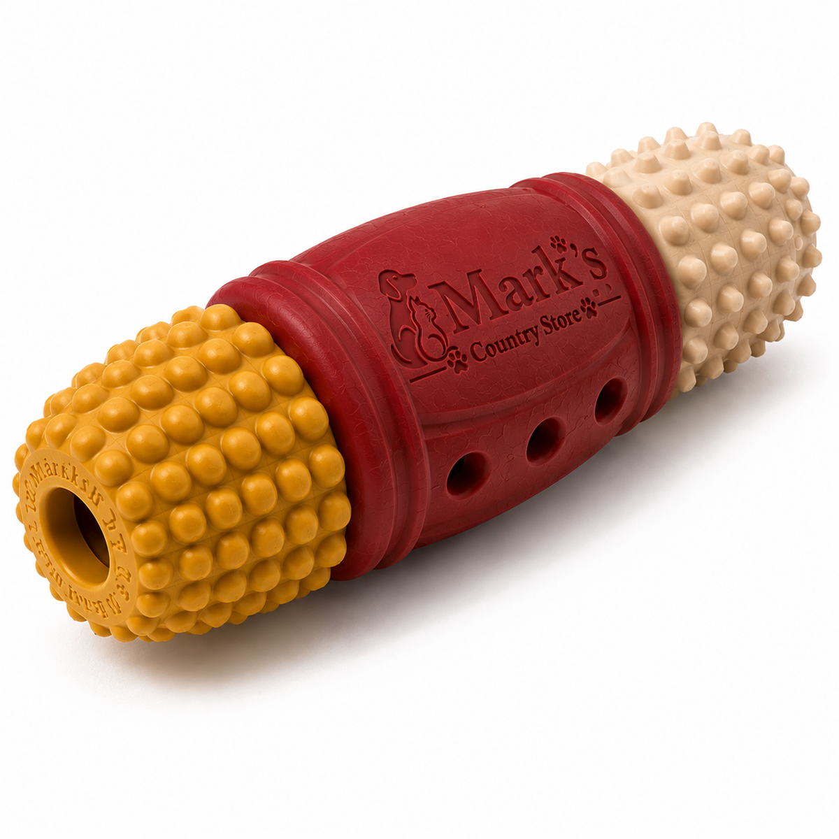 Textured Rubber Dog Toy with Three Openings and Dual Nubby Ends