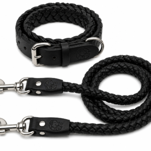 Premium Genuine Leather Dog Collar & Lead Set – Braided Heavy Duty Leash