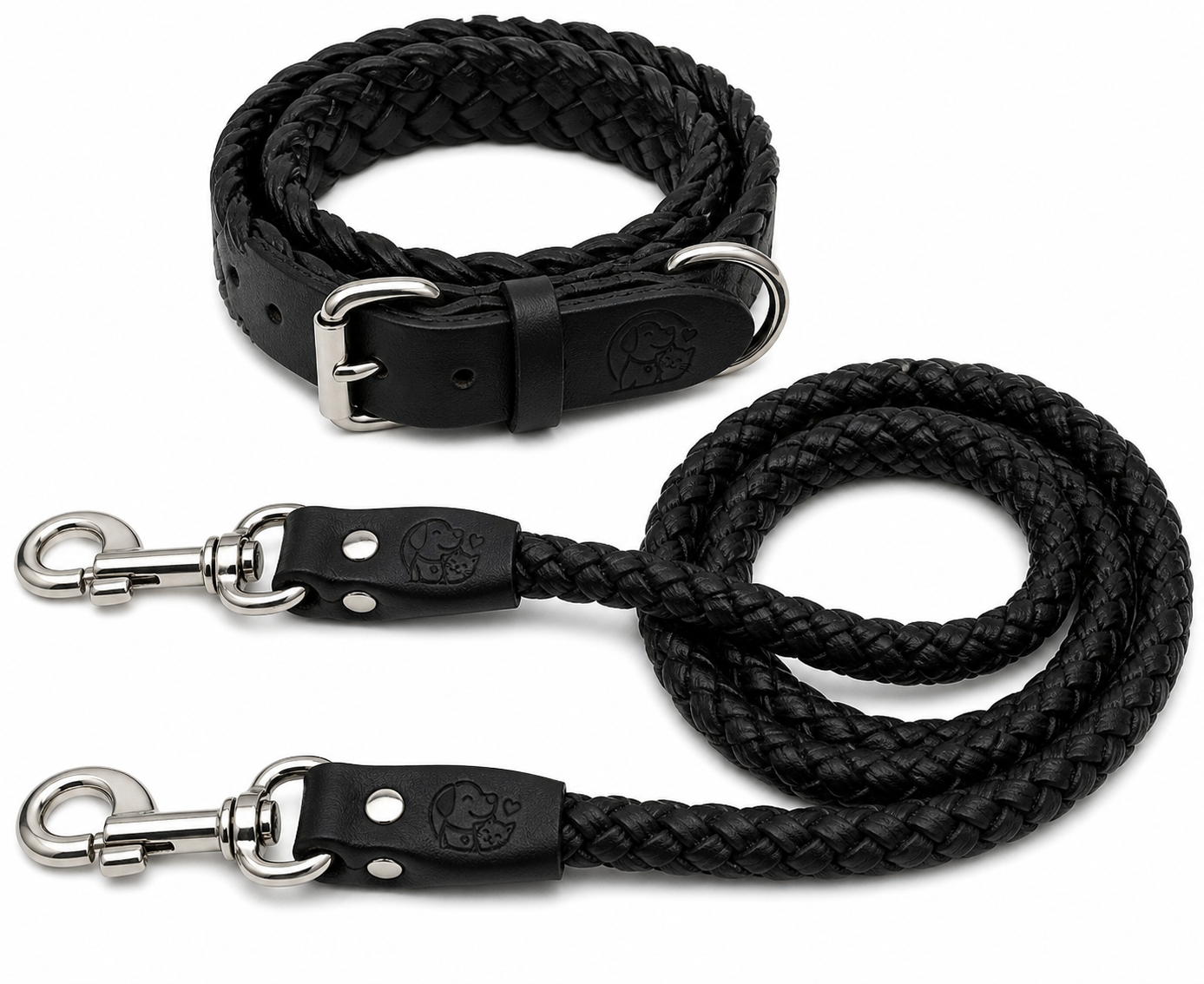 Premium Genuine Leather Dog Collar & Lead Set – Braided Heavy Duty Leash