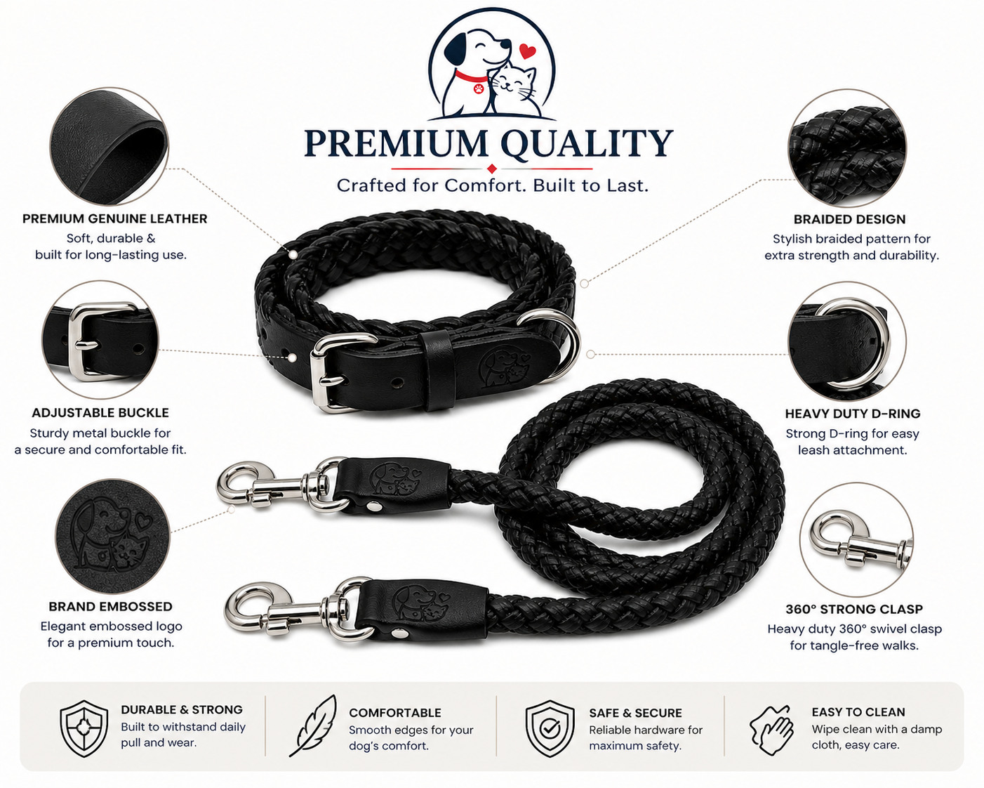 Premium Genuine Leather Dog Collar & Lead Set – Braided Heavy Duty Leash - Image 2