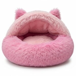 Soft Pink Plush Pet Bed Featuring Fluffy Interior and Cute Ears