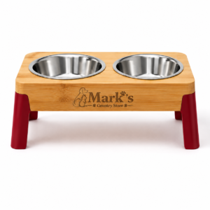 Elevated Double Pet Bowls with Bamboo Stand, Stainless Steel Bowls and Red Legs
