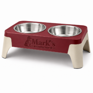 Elevated Double Pet Bowls with Stainless Steel Bowls and Red Cream Stand