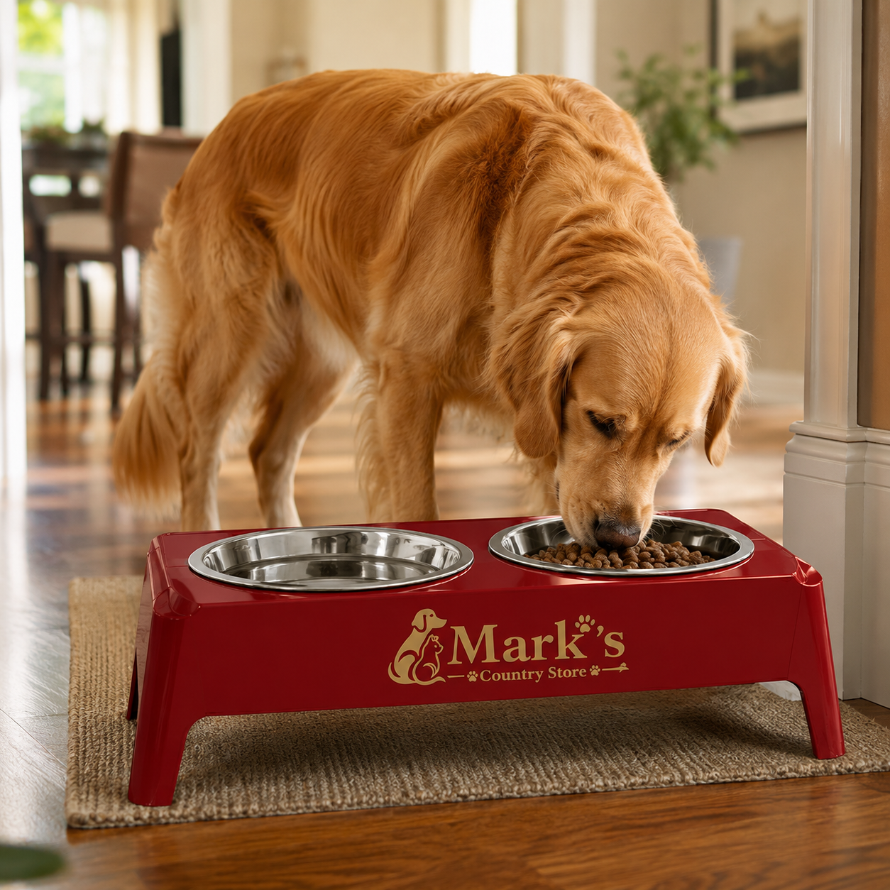 Elevated Double Pet Bowls with Stainless Steel Bowls and Deep Red Stand - Image 3
