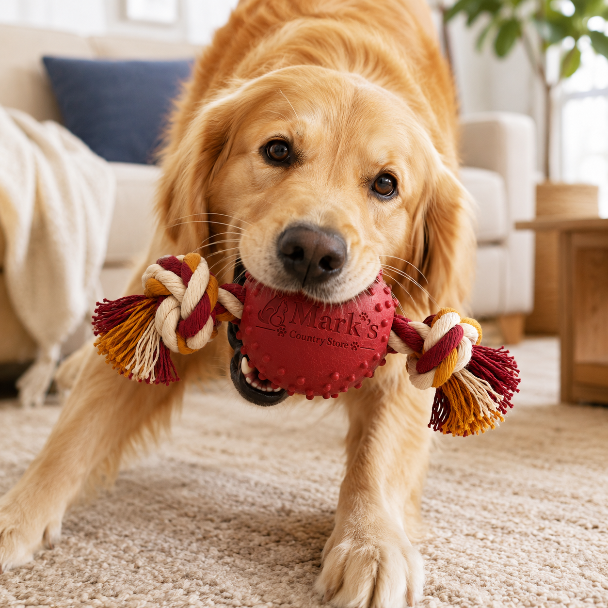 Textured Rubber Ball Dog Toy with Dual Knotted Rope Handles - Image 3