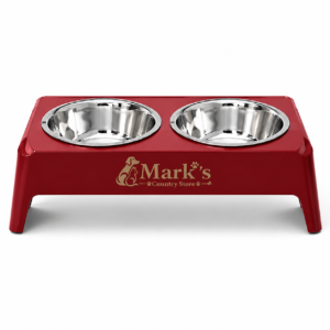 Elevated Double Pet Bowls with Stainless Steel Bowls and Deep Red Stand