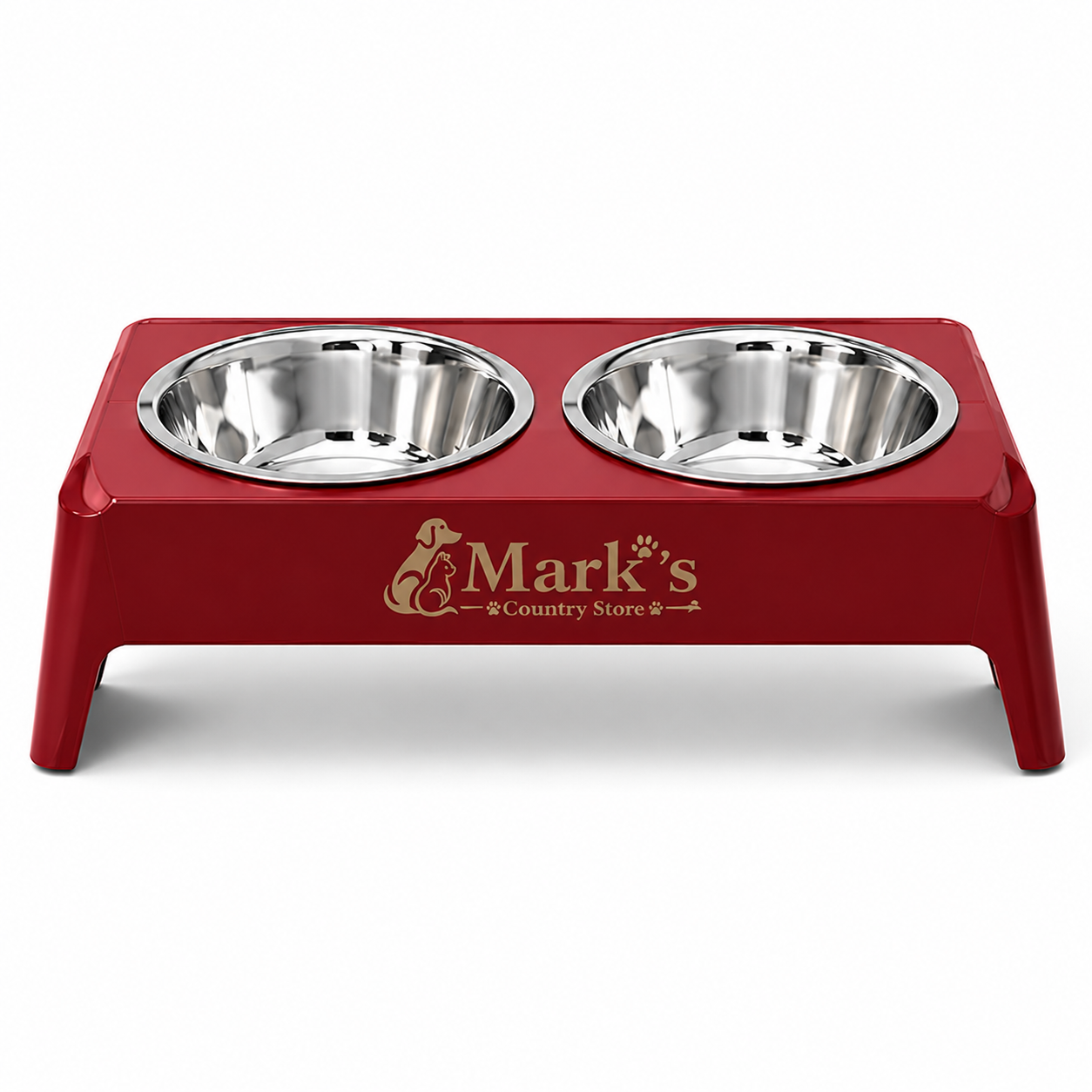 Elevated Double Pet Bowls with Stainless Steel Bowls and Deep Red Stand